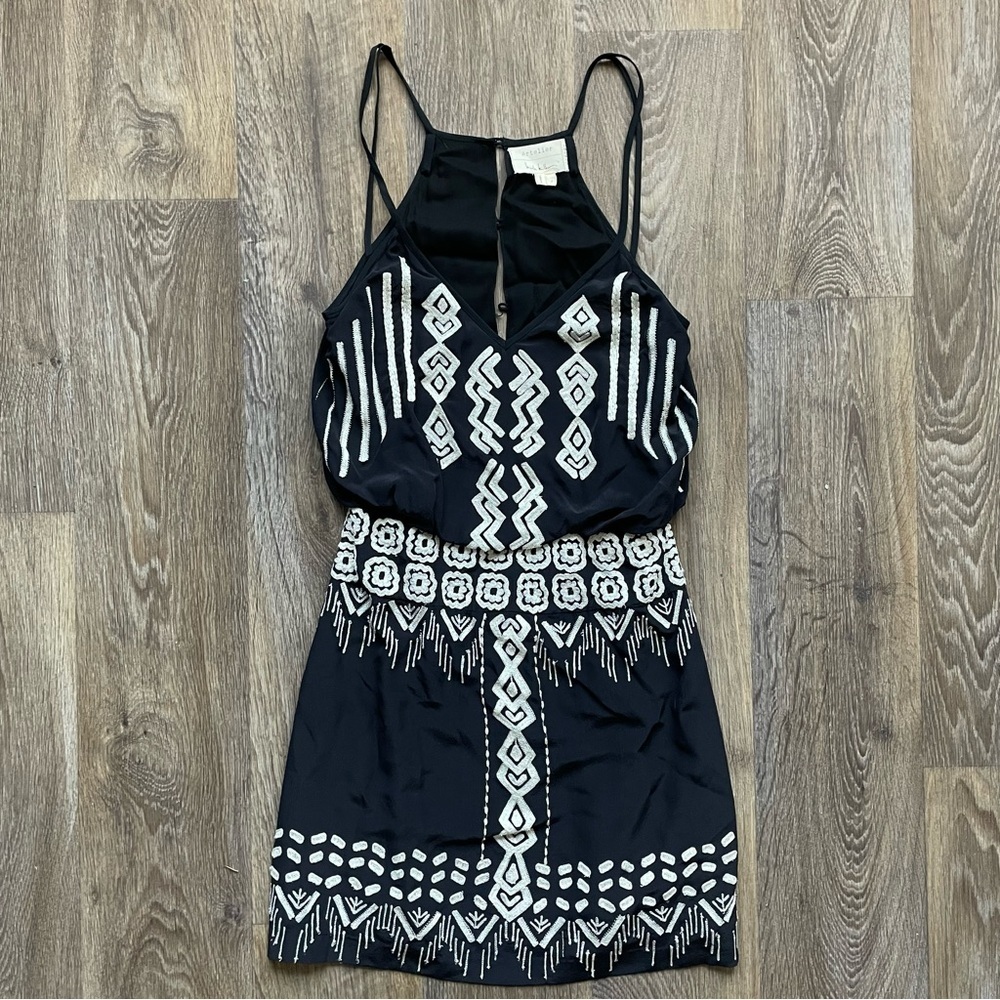Atelier Nicole Miller 100% Silk Embroidered Boho Mini Dress Petite S Black Y2K